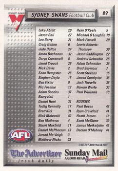 2003 Select The Advertiser-Sunday Mail AFL #89 Sydney Swans Back